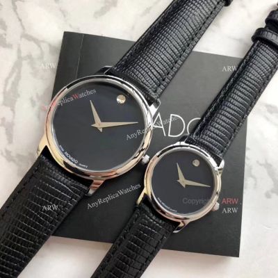 New Replica MOVADO Quartz Lovers Watch SS Black Leather Strap